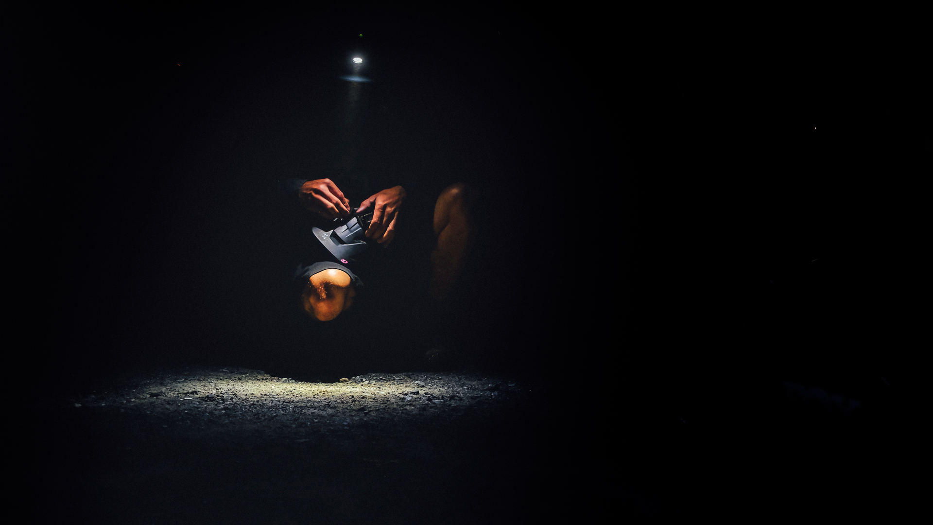 Putting lights on bike helmets as we prepare for a sunrise ride in rockwood park.